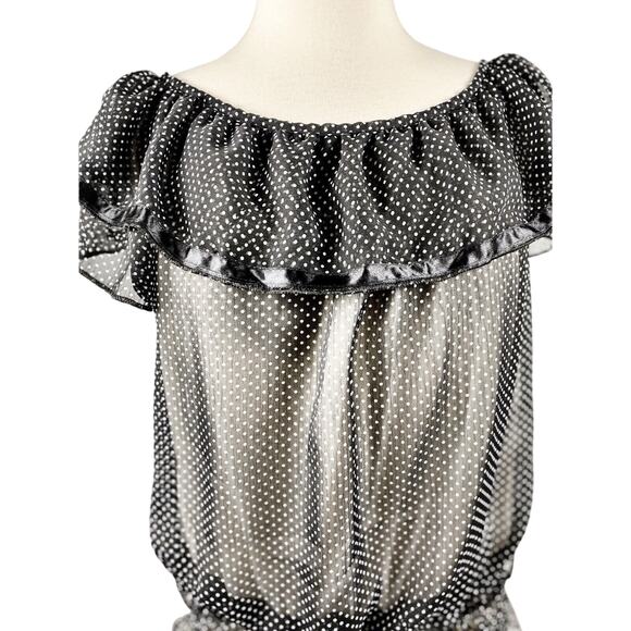 FROKEN SOT Blouse Black White Polka Dot Ruffles Sheer Top Retro Small Rockabilly - Picture 6 of 8